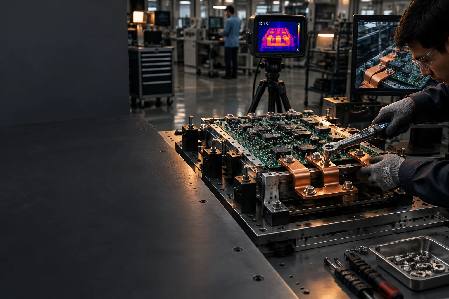 High-power inverter circuit board with heavy copper busbars, isolated gate driver sections and press-fit connectors under side lighting