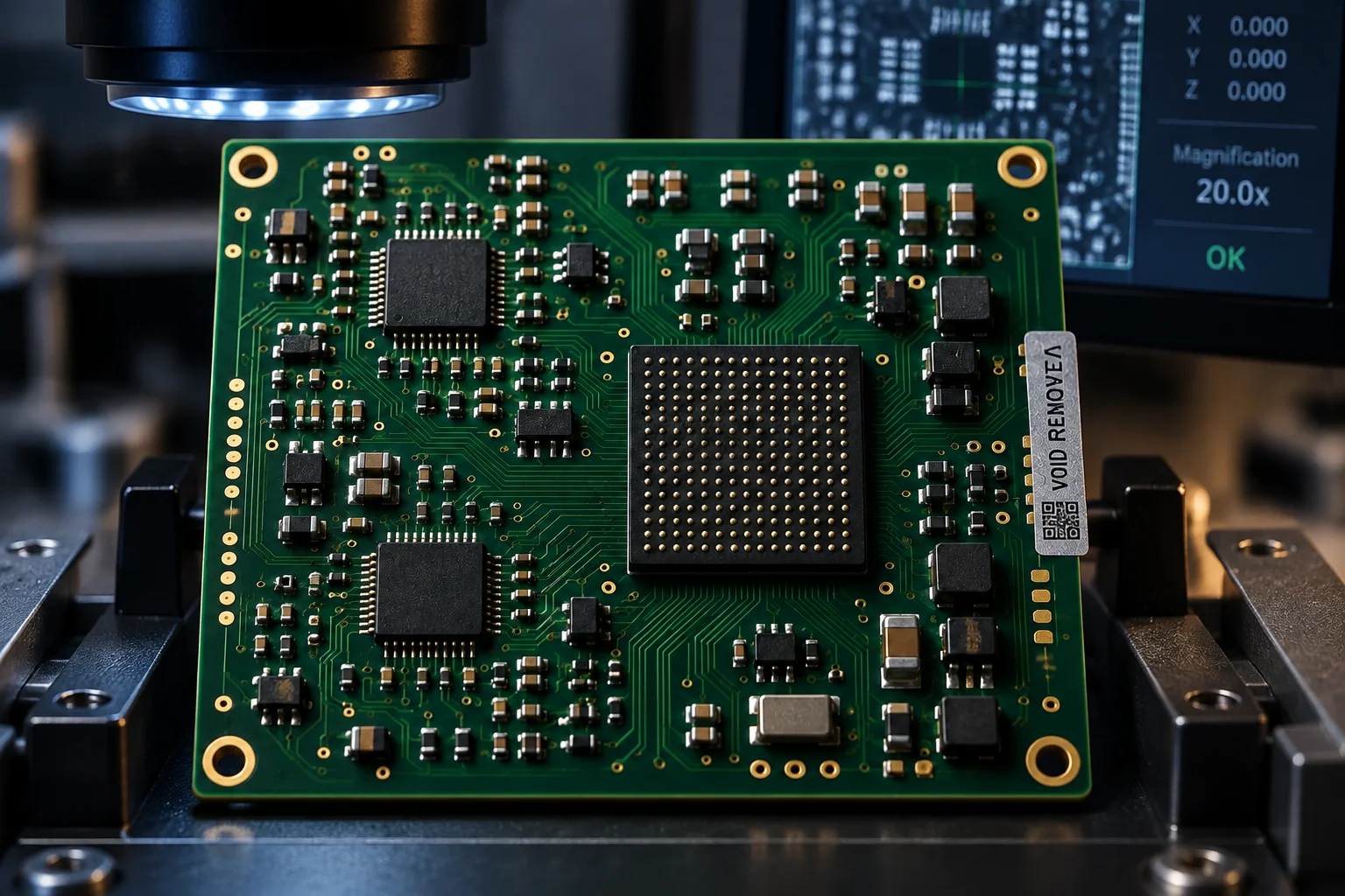 High-reliability aerospace board with staked connectors and conformal-coated fine-pitch assemblies