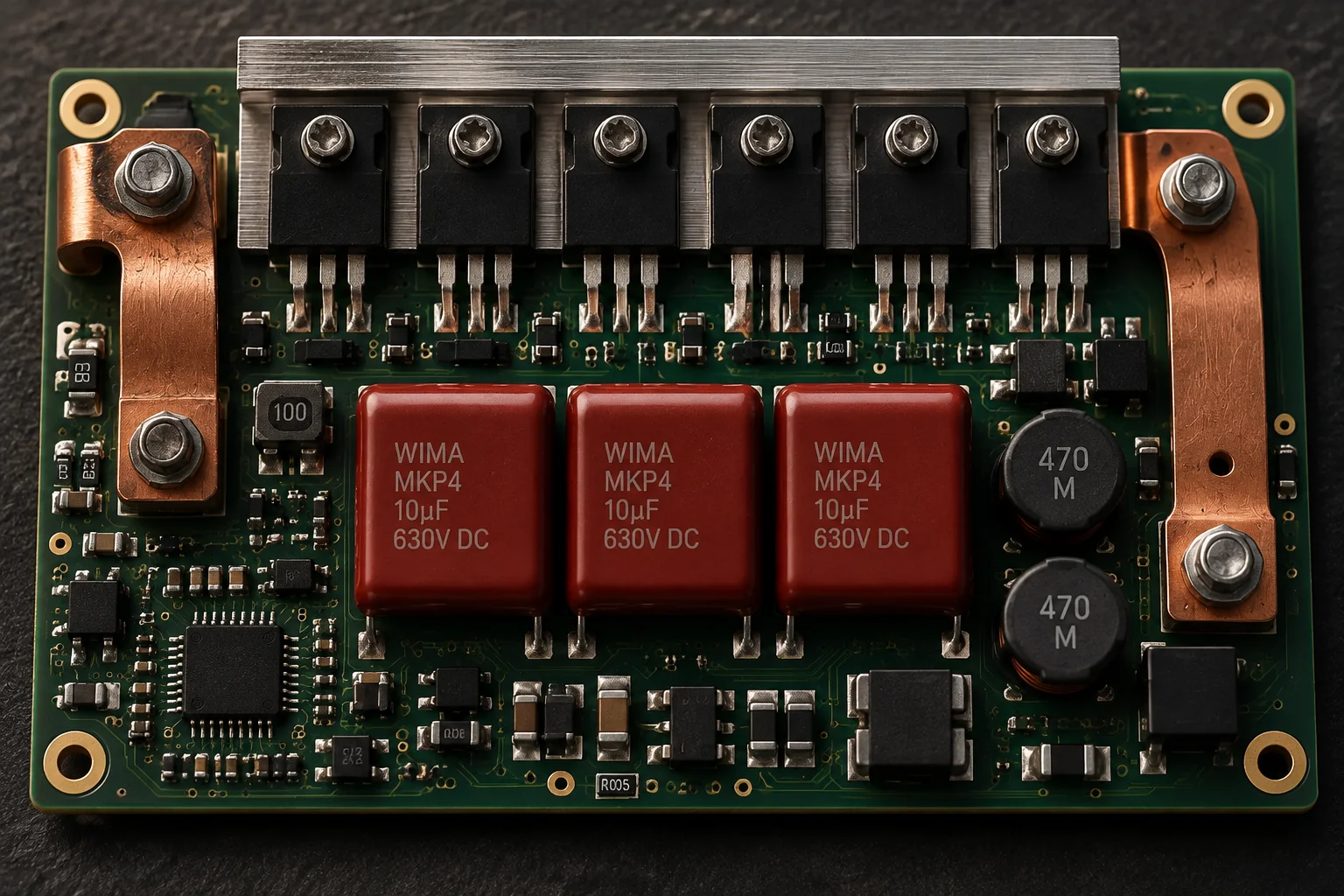 Automotive ECU assembly with heavy copper power stage and thermal via arrays under the shield frame