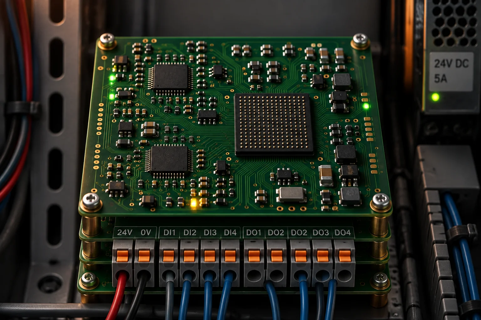Industrial PLC and drive control board with heavy through-hole power devices and wide isolation gaps