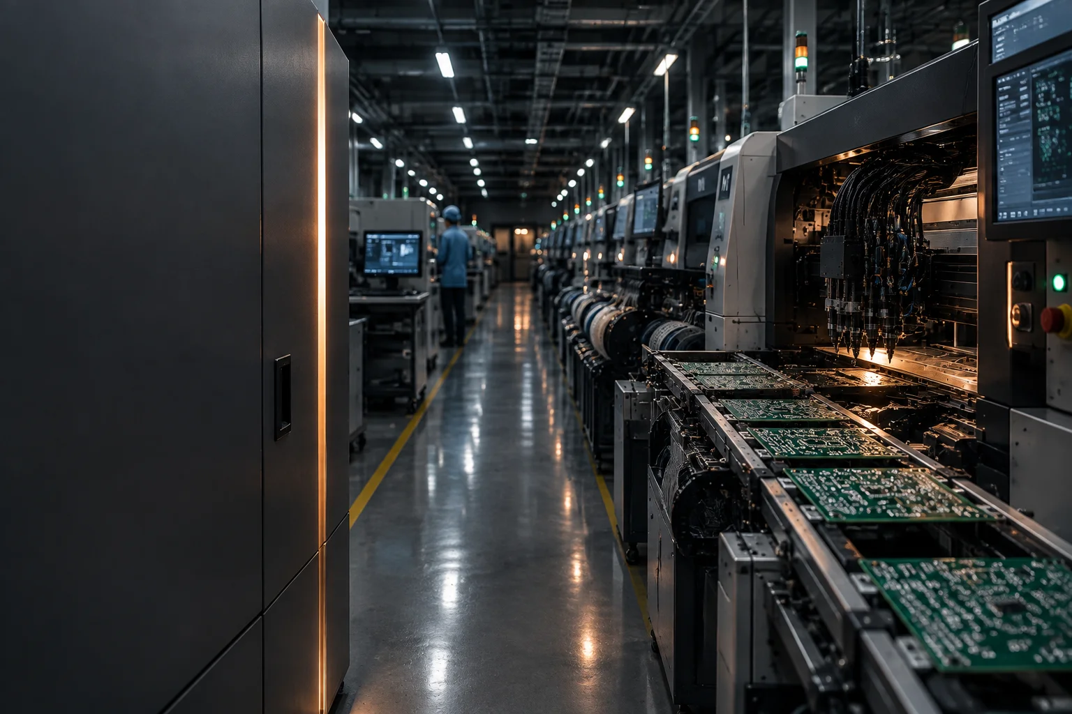 Mixed-technology control board with fine-pitch packages and copper traces photographed under low raking light