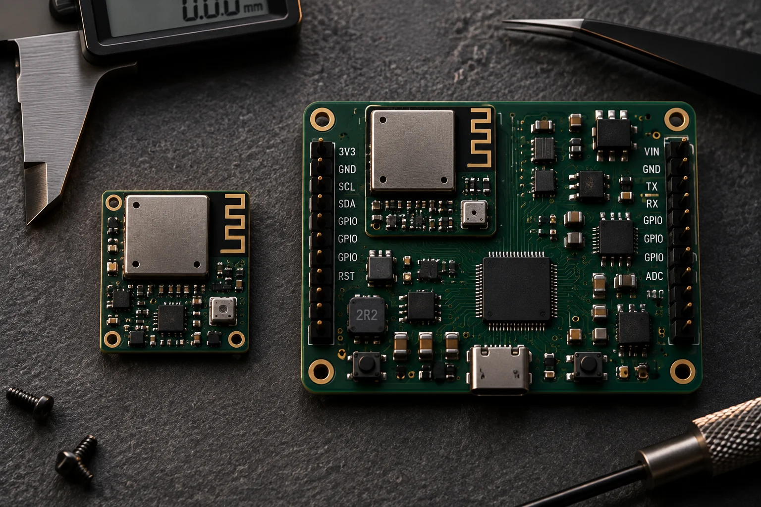 Compact IoT sensor module with a shielded radio section next to dense 0201 passives