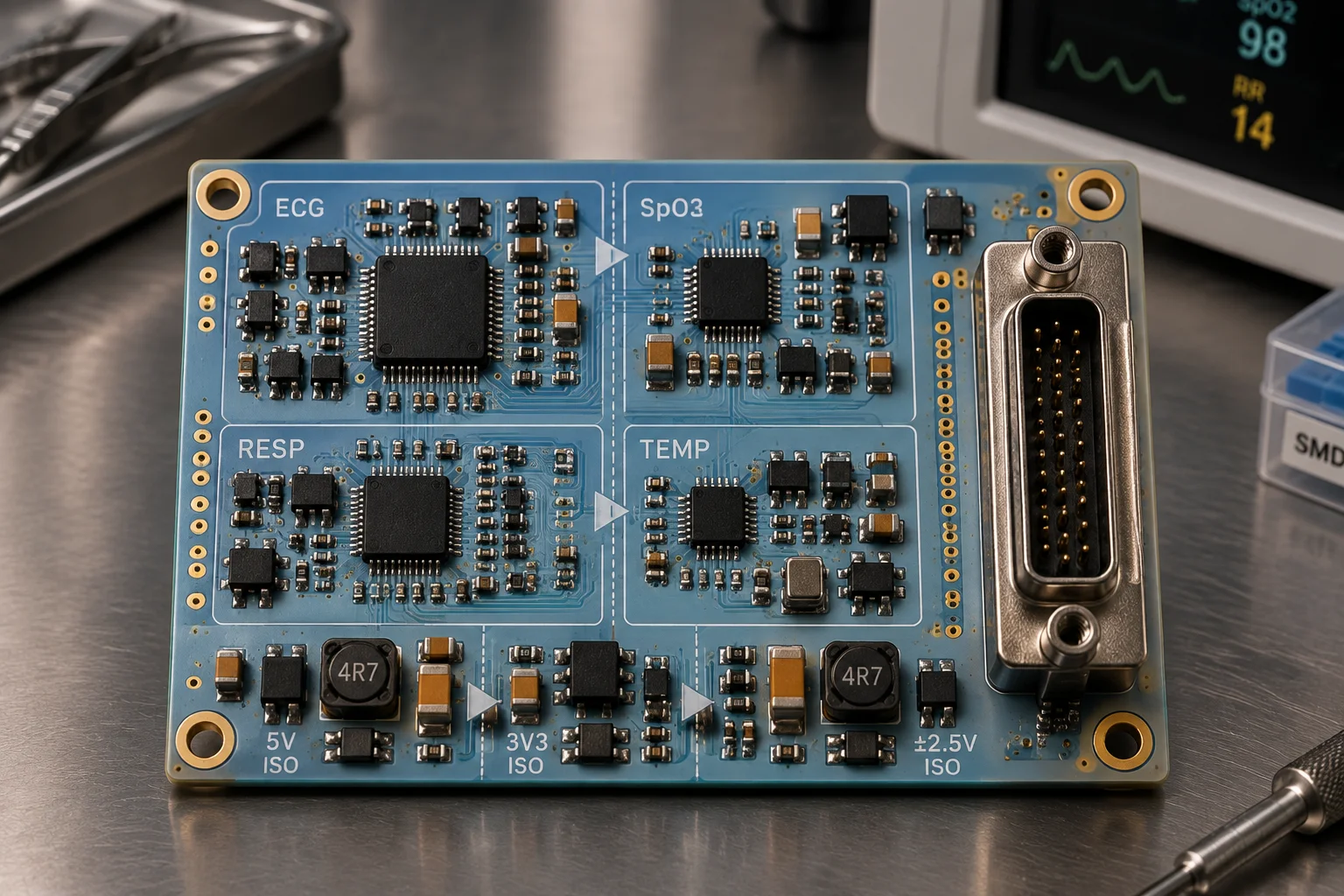 Medical diagnostic instrument circuit board with wide creepage channels across the mains isolation barrier