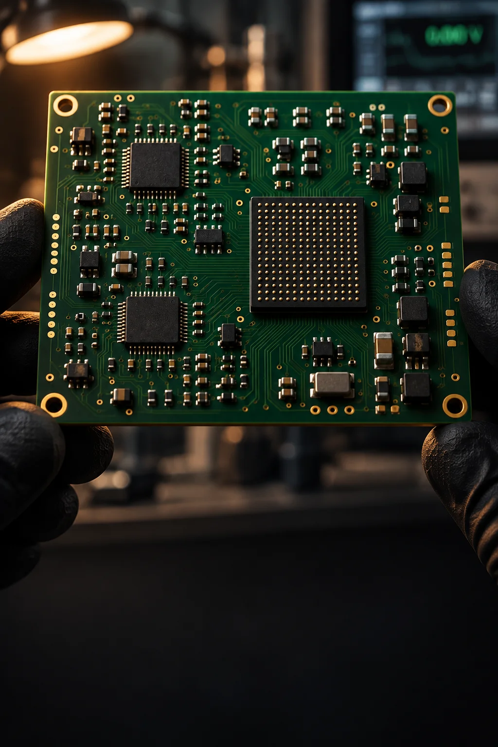 A populated printed circuit board held up to the light during final inspection
