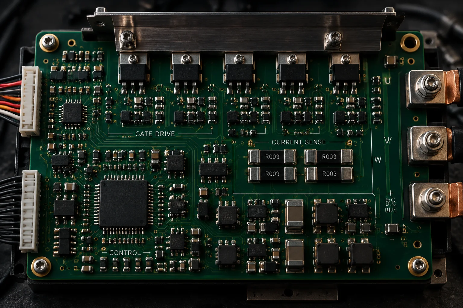 Industrial drive controller board with heavy copper power stage, wide isolation slots and a dense surface mount control section