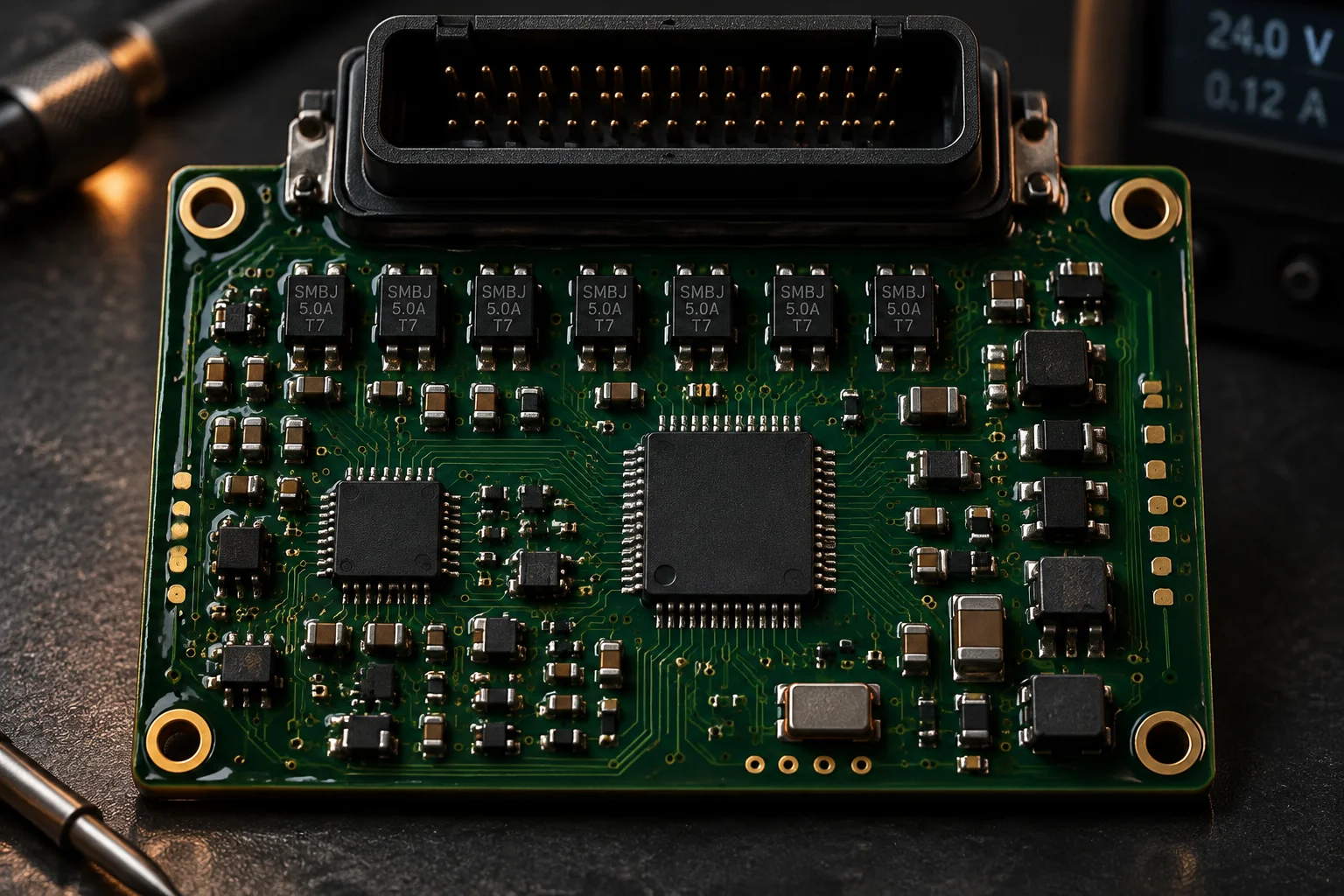 Automotive power module with thermal via arrays, a staked shield frame and heavy copper busbars