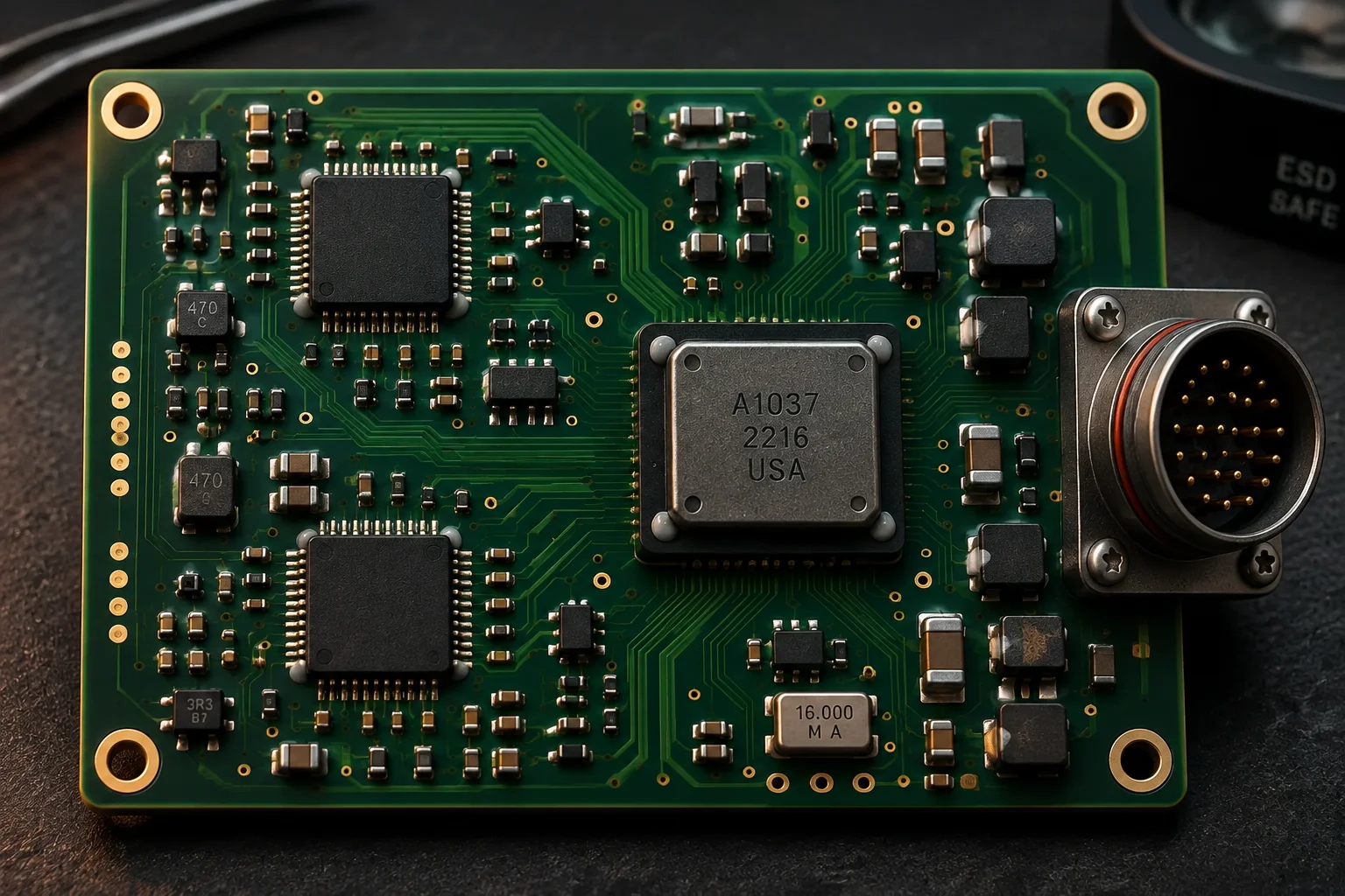 Ruggedised avionics controller with staked connectors, conformal coated circuitry and a milled aluminium frame