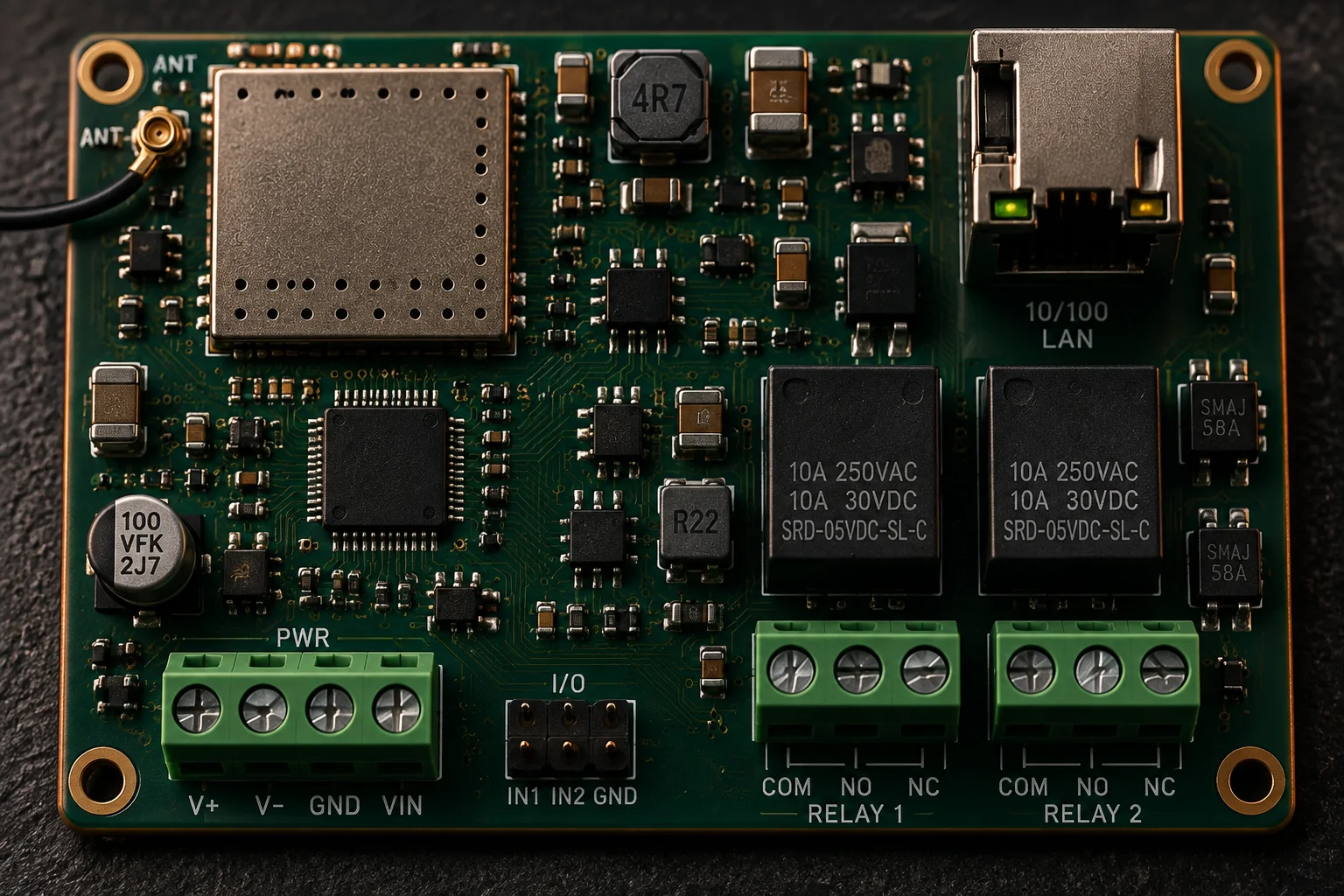 Compact IoT sensor node with a shielded radio section, a chip antenna and dense 0201 passives on a small panel