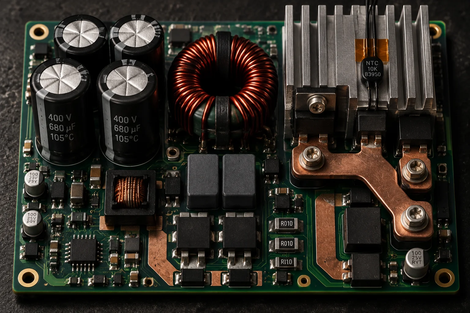 Energy gateway assembly with a high-current terminal block, wide creepage slots and a coated measurement section