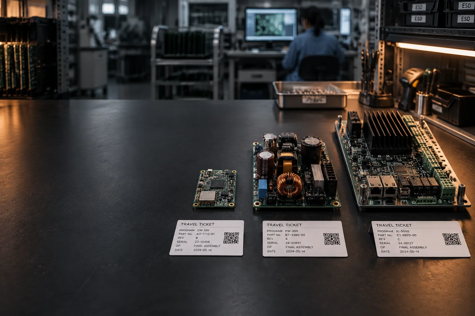 Close view of a populated control board with fine-pitch packages, a shielded radio section and copper power traces under side light