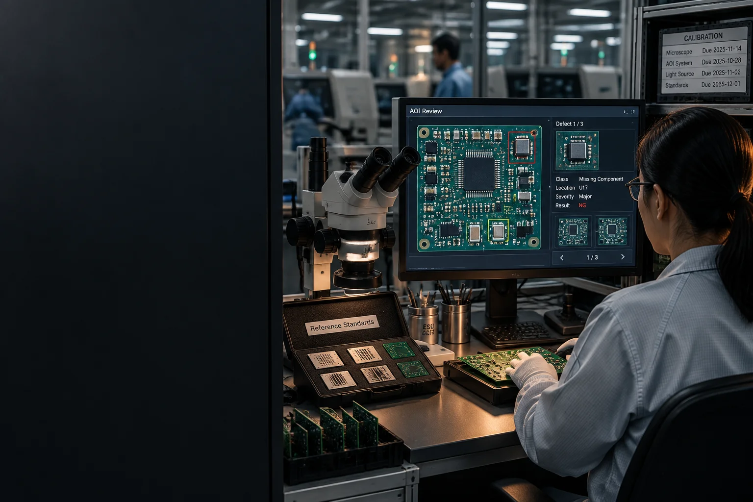 Inspection station on a PCBA production line with an AOI camera head passing over a densely populated board under low copper light