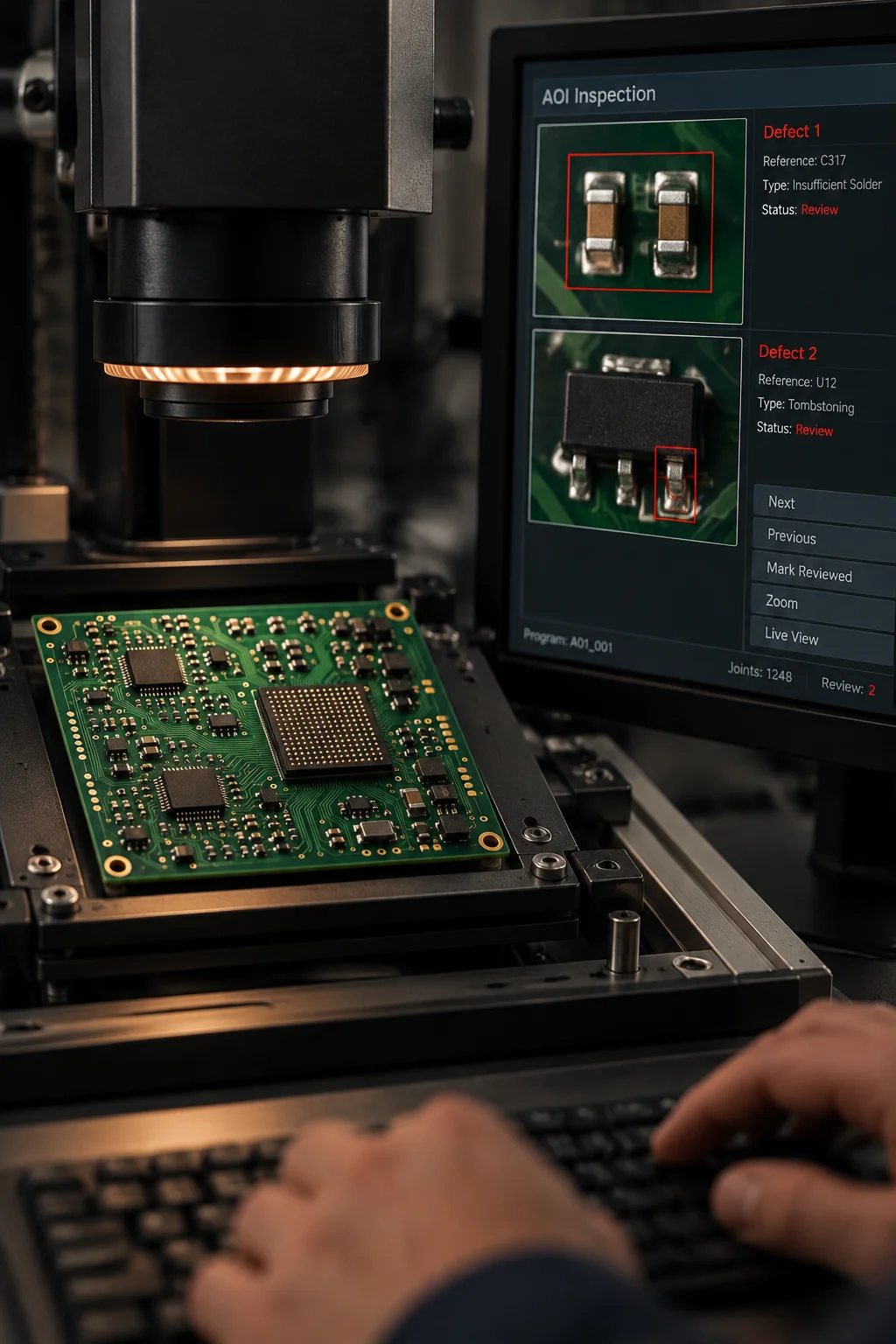 Quality engineer measuring a coated panel against a cross-section reference under magnification at an inspection bench